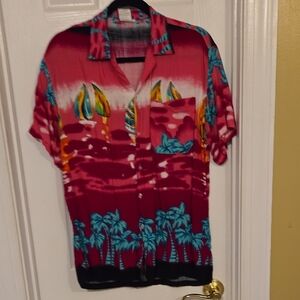 Casual Red and Blue Button Down Shirt with Tropical Design